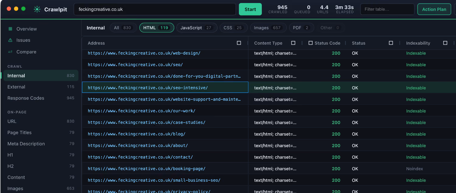 crawlpit seo crawler by fecking creative, showing a site crawl