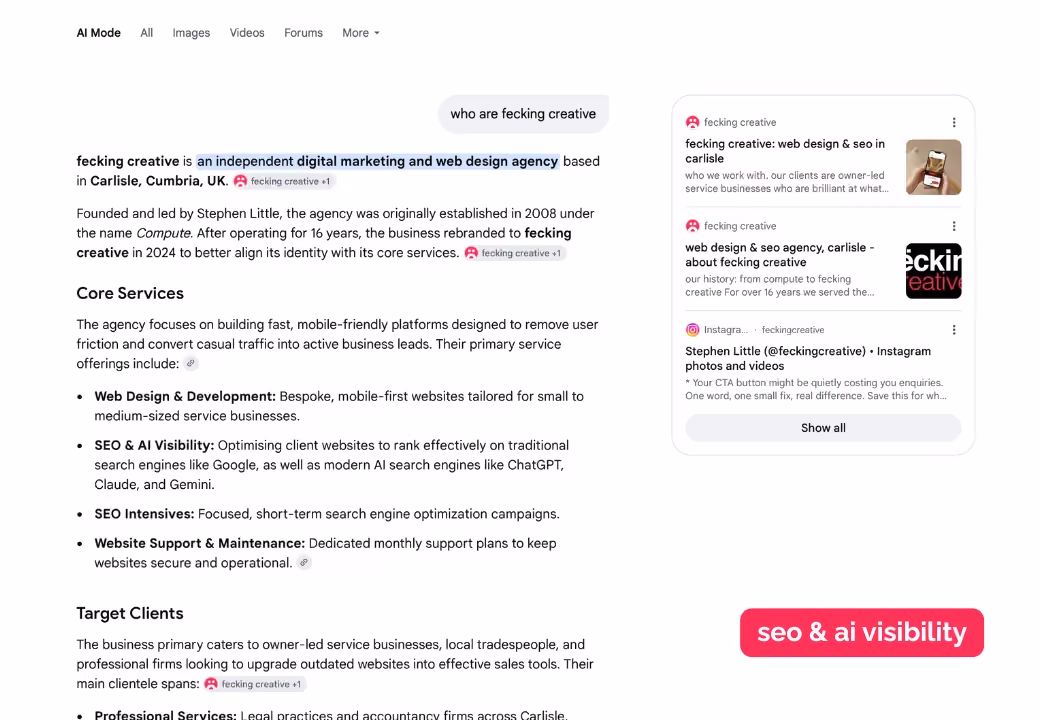 seo carlisle - ai overview showing who fecking creative is and what we do